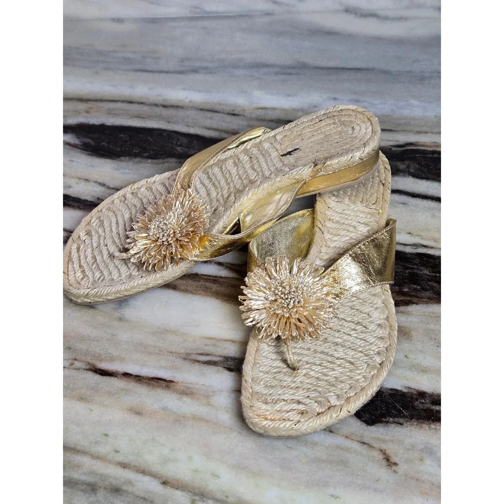 Gold Metallic Espadrille Thong Sandals Beaded Flower Pom Pom‎ Made in Spain 9B